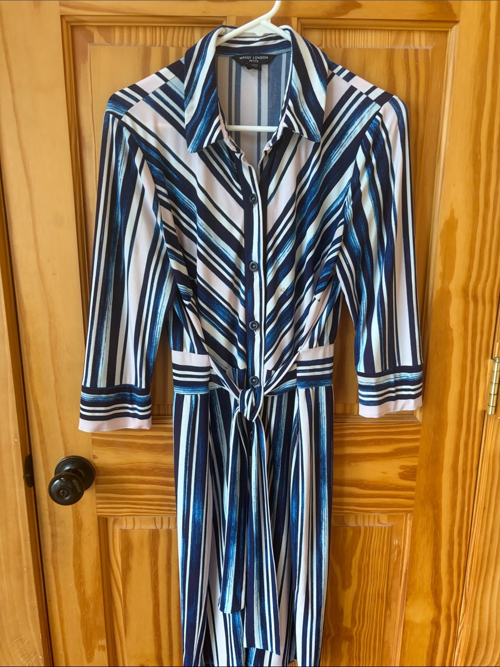 Maggy London Blue and White Striped Button-Front Midi Dress - Size 10P